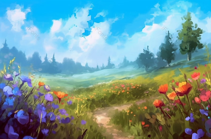 春天夏天蓝天边白云下广阔的草地上盛开着满地的花朵野花花簇插画背景,插画/手绘图,插画/手绘图库,插画/手绘图下载,插画/手绘